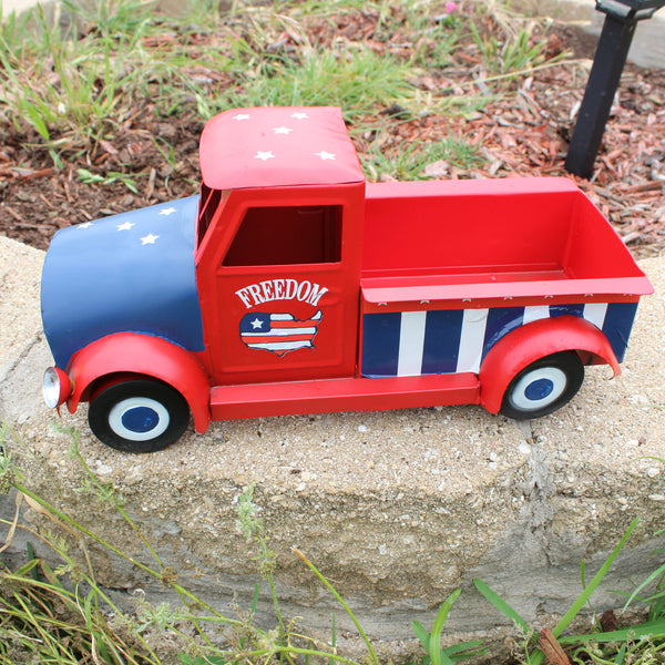 USA FREEDOM RED TRUCK 12" PICKUP TRUCK METAL ART FIGURINE VINTAGE WESTERN HOME DECOR HANDMADE  #EH12863