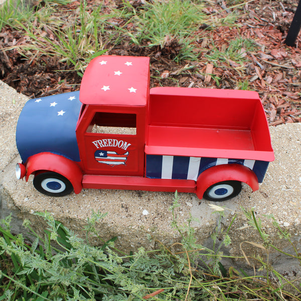 USA FREEDOM RED TRUCK 12" PICKUP TRUCK METAL ART FIGURINE VINTAGE WESTERN HOME DECOR HANDMADE  #EH12863