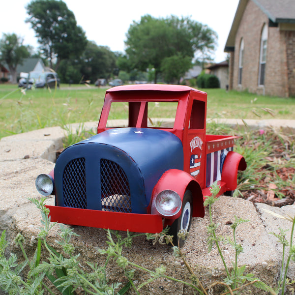 USA FREEDOM RED TRUCK 12" PICKUP TRUCK METAL ART FIGURINE VINTAGE WESTERN HOME DECOR HANDMADE  #EH12863