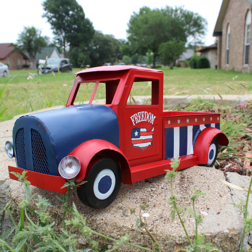 USA FREEDOM RED TRUCK 12" PICKUP TRUCK METAL ART FIGURINE VINTAGE WESTERN HOME DECOR HANDMADE  #EH12863
