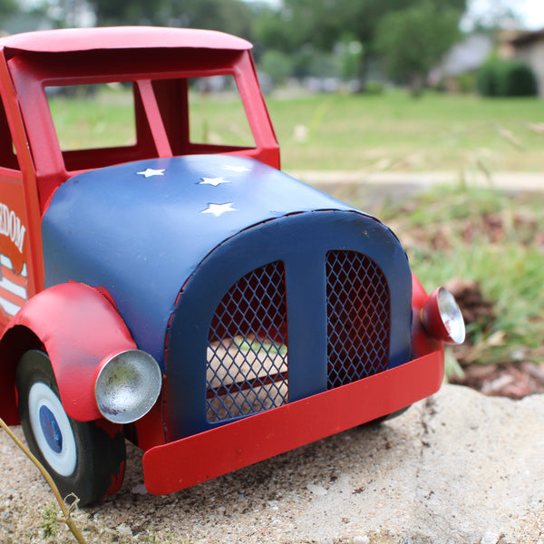 USA FREEDOM RED TRUCK 12" PICKUP TRUCK METAL ART FIGURINE VINTAGE WESTERN HOME DECOR HANDMADE  #EH12863