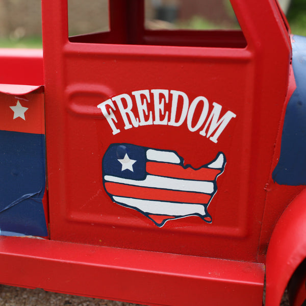 USA FREEDOM RED TRUCK 12" PICKUP TRUCK METAL ART FIGURINE VINTAGE WESTERN HOME DECOR HANDMADE  #EH12863