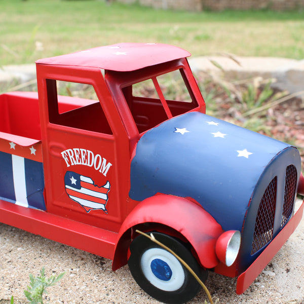 USA FREEDOM RED TRUCK 12" PICKUP TRUCK METAL ART FIGURINE VINTAGE WESTERN HOME DECOR HANDMADE  #EH12863