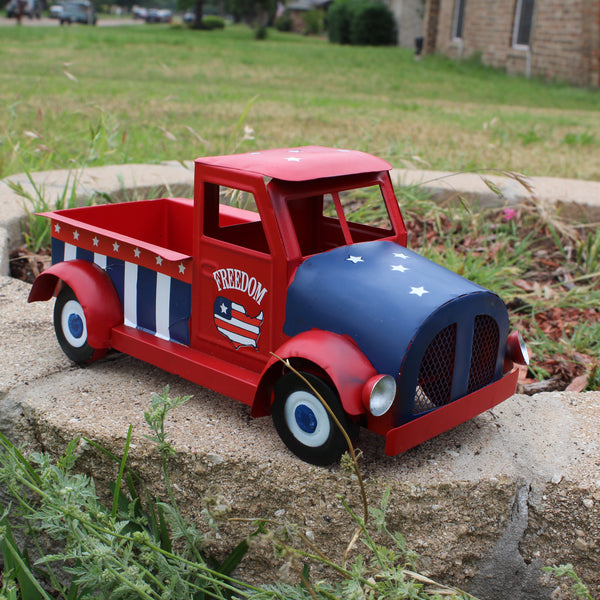 USA FREEDOM RED TRUCK 12" PICKUP TRUCK METAL ART FIGURINE VINTAGE WESTERN HOME DECOR HANDMADE  #EH12863