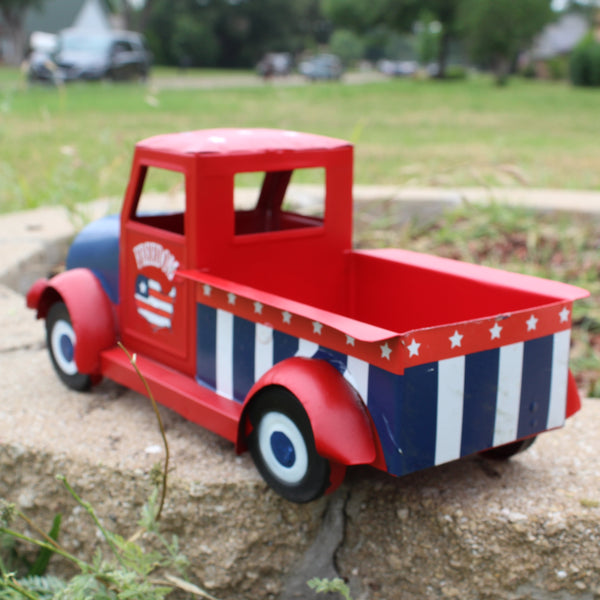 USA FREEDOM RED TRUCK 12" PICKUP TRUCK METAL ART FIGURINE VINTAGE WESTERN HOME DECOR HANDMADE  #EH12863