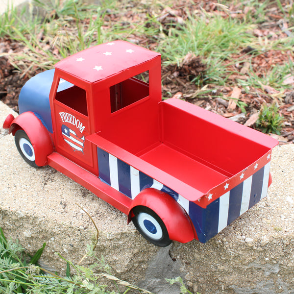 USA FREEDOM RED TRUCK 12" PICKUP TRUCK METAL ART FIGURINE VINTAGE WESTERN HOME DECOR HANDMADE  #EH12863