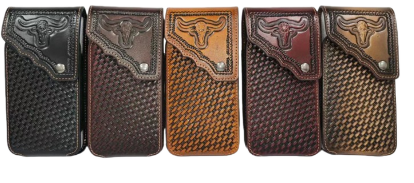 7" LONGHORNS PHONE HOLSTER LEATHER LARGE BELT LOOP CASE UNIVERSAL HANDMADE
