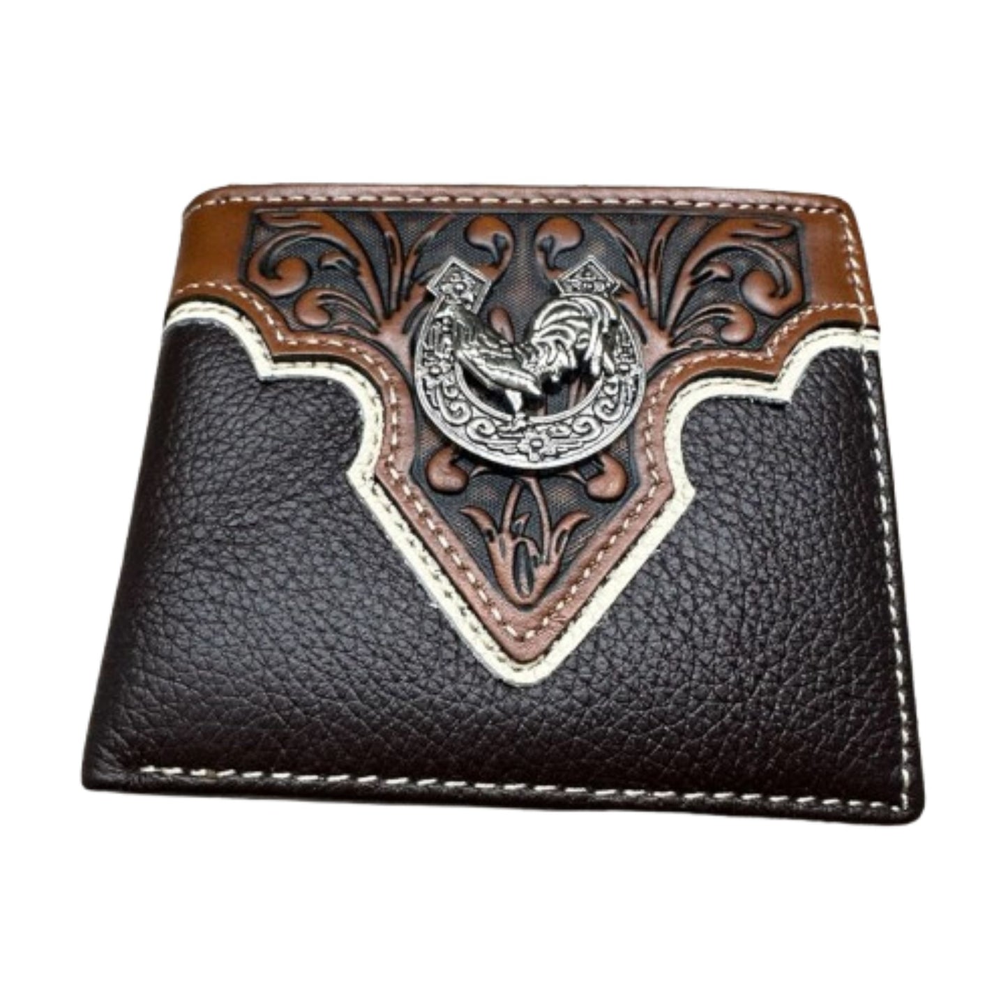 Mens Wallet Floral Tooled Rooster Horseshoe Concho Coffee Embossed Cowboy Western Leather Wallet High End Leather Mens Wallets Leather Rodeo Gifts For Men #EH13044, 5" x 5" x 1"