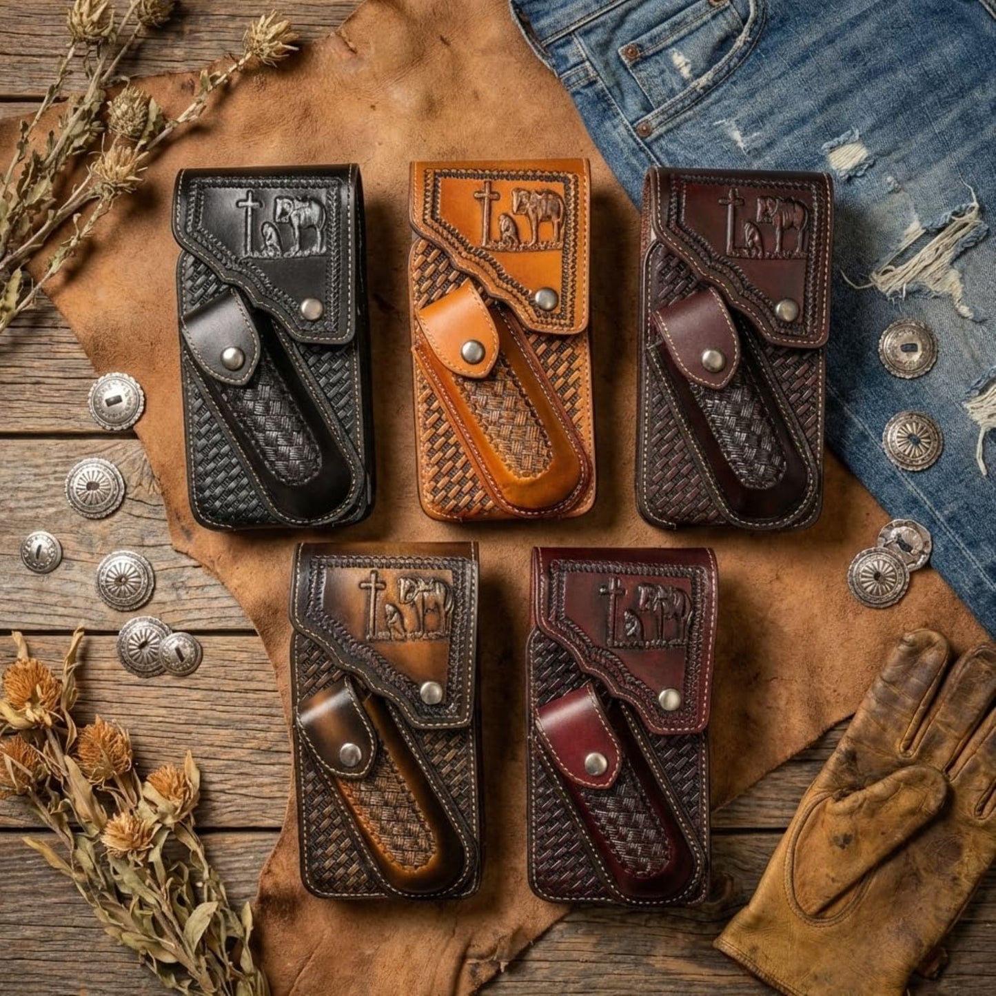 7" COWBOY PRAYER POUCH & KNIFE LEATHER HOLSTER XTRA LARGE BELT LOOP CELL PHONE CASE UNIVERSAL OVERSIZE #EH13245