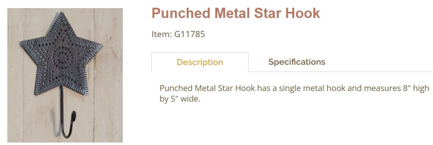 5.75" PUNCHED METAL STAR HOOK FOR METAL BARN STAR HANG WALL ART WESTERN HOME DECOR HANDMADE #G11785