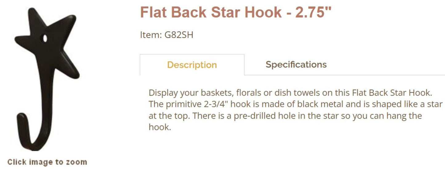 2.50" FLAT BLACK STAR HOOK FOR METAL BARN STAR HANG WALL ART WESTERN HOME DECOR HANDMADE #G82SH