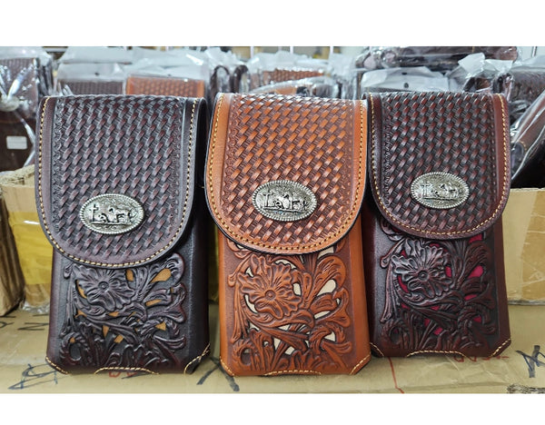 7" COWBOY PRAYING CHURCH BROWN LEATHER POUCH EXTRA LARGE  BELT LOOP HOLSTER CELL PHONE CASE UNIVERSAL OVERSIZE #EH12217