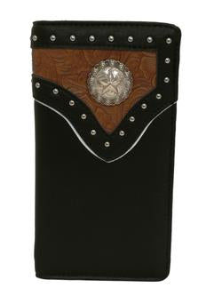 WESTERN LONE STAR COWBOY CHECKBOOK BI FOLD MEN'S GENUINE LEATHER BLACK/TAN WALLET