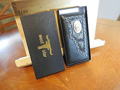 TEXAS LONGHORN CHECKBOOK BI FOLD MEN'S & WOMEN'S GENUINE LEATHER BLACK WALLET