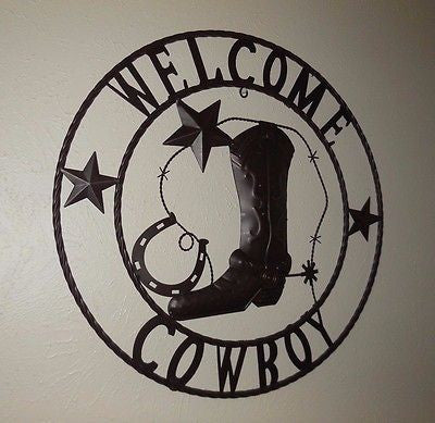 24" WELCOME COWBOY BOOT STARS METAL WALL WESTERN HOME DECOR NEW