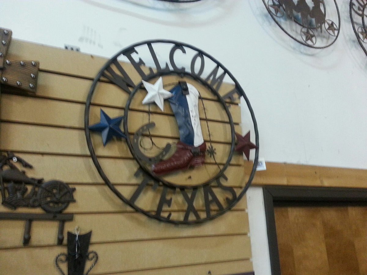 24" WELCOME TEXAS COWBOY COWGIRL BOOT METAL WALL DECOR WESTERN HOME DECOR RUSTIC RED WHITE BROWN NEW #EH12972