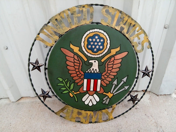 21" ARMY UNITED STATES MILITARY METAL RING, LETTERS WITH WOOD PLAQUE ART WESTERN HOME DECOR