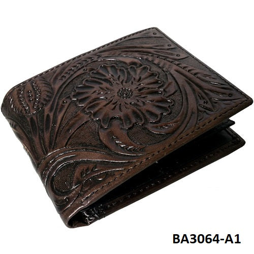 P&G GENUINE LEATHER TOOLED BROWN MEN WALLET WESTERN STYLE BRAND NEW