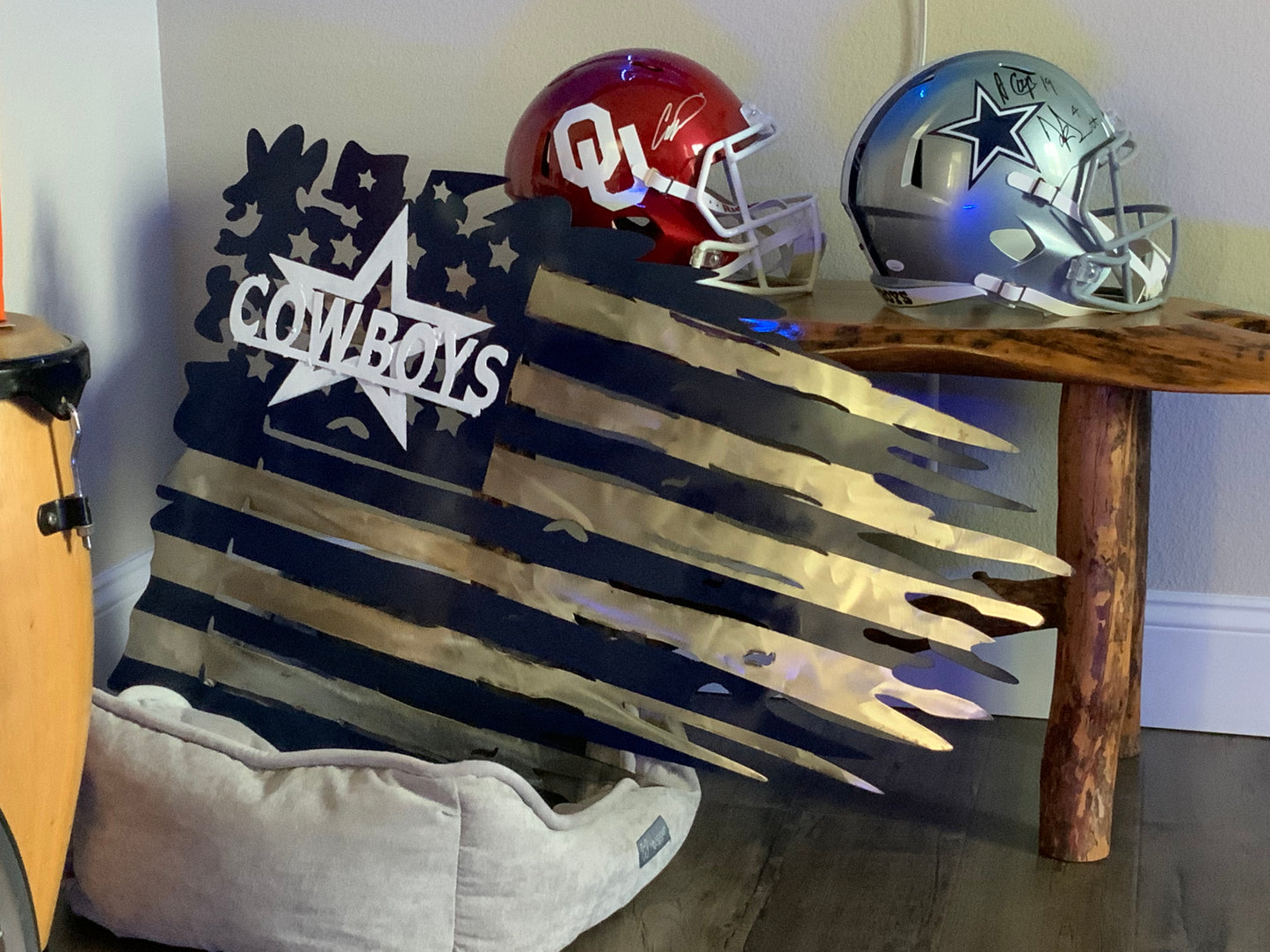 DALLAS COWBOYS METAL TATTERED FLAG NAVY BLUE, WHITE & SILVER CUSTOM VINTAGE CRAFT TEAM SIGN HANDMADE USA #EH11991