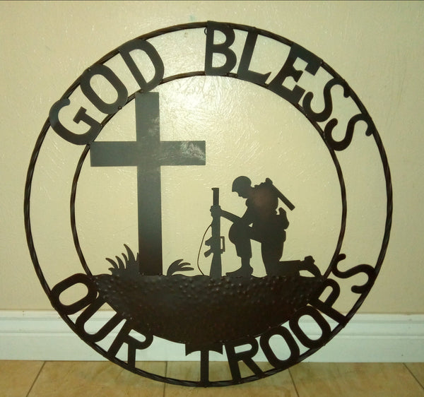 GOD BLESS OUR TROOPS 24",32" PRAYING COWBOY CHURCH SOLDIER MILITARY PATRIOTIC METAL SIGN WESTERN HOME DECOR NEW #SI_F142002