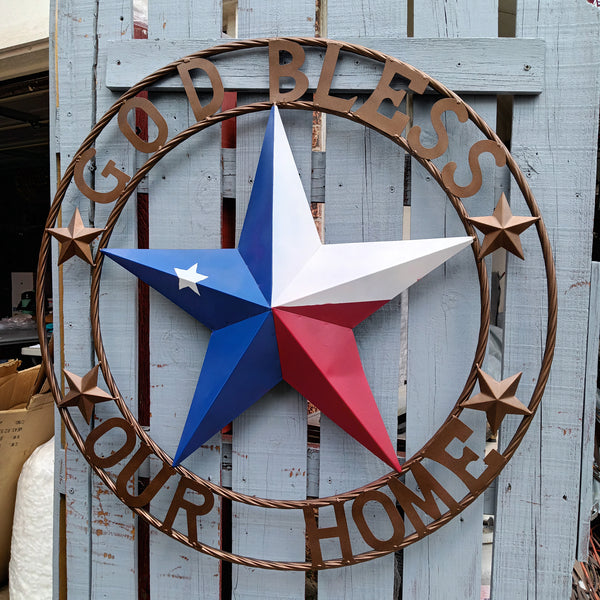 18",24",32",34",36",40",42",44",46",50" GOD BLESS OUR HOME BARN METAL RED WHITE BLUE STAR WITH BRONZE TWISTED ROPE RING NEW