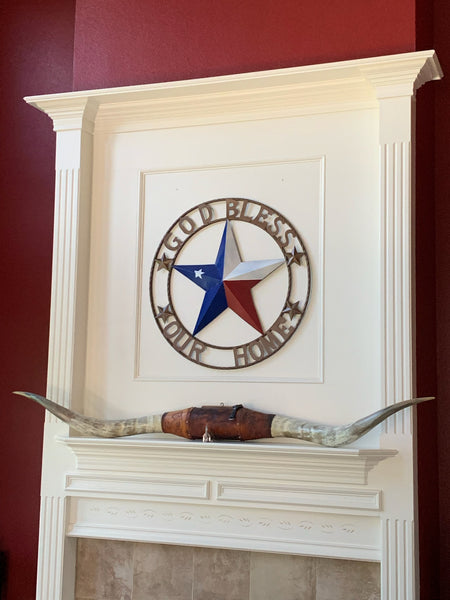 18",24",32",34",36",40",42",44",46",50" GOD BLESS OUR HOME BARN METAL RED WHITE BLUE STAR WITH BRONZE TWISTED ROPE RING NEW