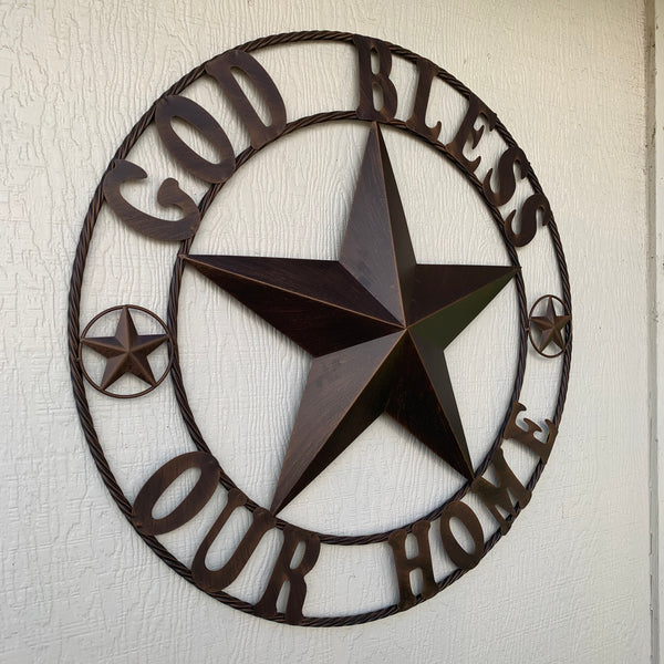 GOD BLESS OUR HOME BARN STAR 18",24",36",40" METAL LONE STAR TWISTED ROPE RING RUSTIC BRONZE WESTERN HOME DECOR HANDMADE #EH10941