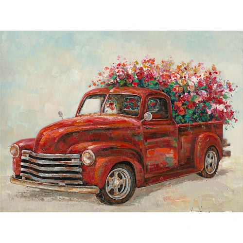 RA0400 36"x48" RED TRUCK W/ FLOWER CANVAS PAINTING PICTURE LARGE WESTERN COUNTRY HOME DECOR HANDMADE