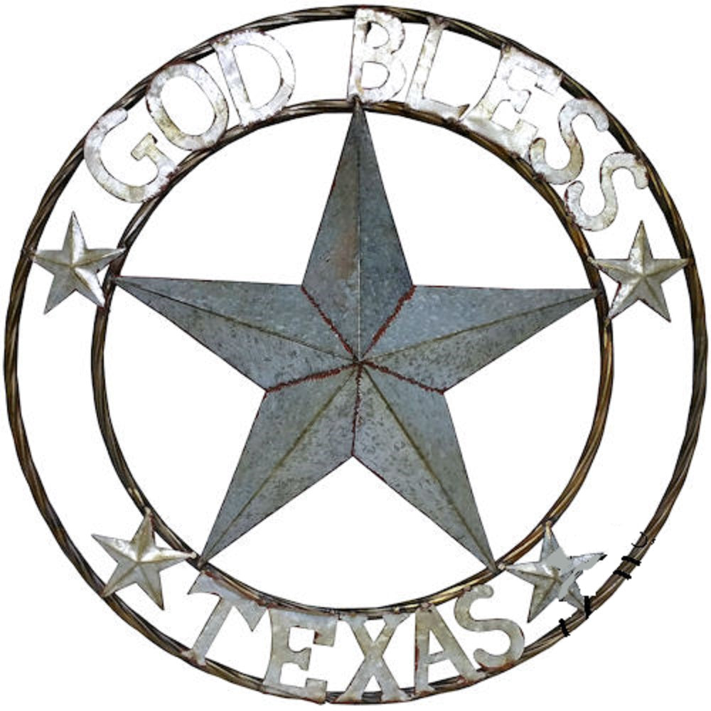 24" GALVANIZED GOD BLESS TEXAS METAL BARN STAR WALL ART WESTERN HOME DECOR