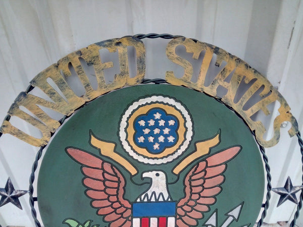 21" ARMY UNITED STATES MILITARY METAL RING, LETTERS WITH WOOD PLAQUE ART WESTERN HOME DECOR