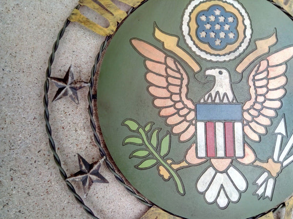 21" ARMY UNITED STATES MILITARY METAL RING, LETTERS WITH WOOD PLAQUE ART WESTERN HOME DECOR