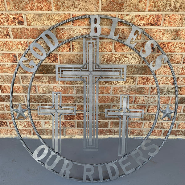 40"GOD BLESS OUR RIDERS CRUCIFIX GREY CROSS METAL WALL ART HANDMADE