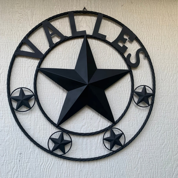 VALLES STYLE YOUR CUSTOM NAME STAR BLACK METAL BARN STAR 3d TWISTED ROPE RING WESTERN HOME DECOR VINTAGE BRONZE RUSTIC NEW HANDMADE 24",32",34",36",40",42",44",46",50"