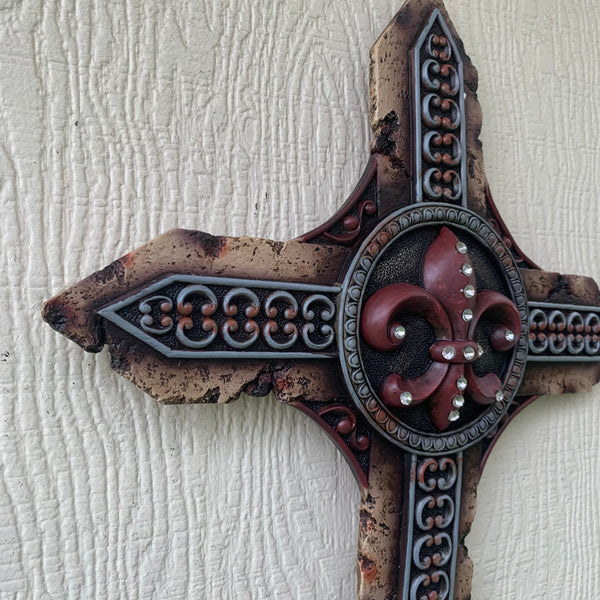 P&G FLEUR DE LIS STONE CROSS WESTERN HOME DECOR NEW ART--FREE SHIPPING