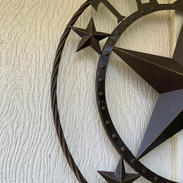 TEXAS BEADED BARN STAR WITH TWISTED ROPE RING DESIGN METAL WALL ART WESTERN HOME DECOR VINTAGE RUSTIC BRONZE ART
