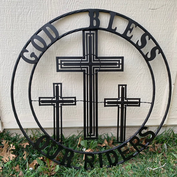 40"GOD BLESS OUR RIDERS CRUCIFIX BLACK CROSS METAL WALL ART HANDMADE
