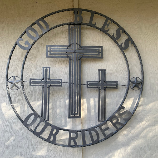 40"GOD BLESS OUR RIDERS CRUCIFIX GREY CROSS METAL WALL ART HANDMADE