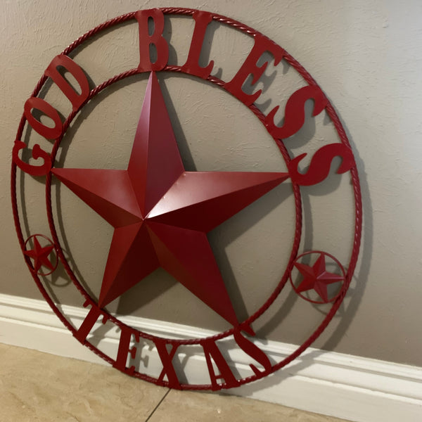 24",32",40",50" BURGUNDY RED GOD BLESS TEXAS BARN STAR ROPE RING METAL WALL ART WESTERN HOME DECOR NEW