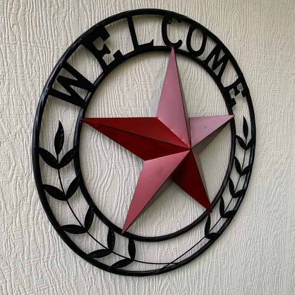 24" WELCOME LEAF LEAVES STAR METAL WALL ART WESTERN HOME DECOR RUSTIC RED HANDMADE