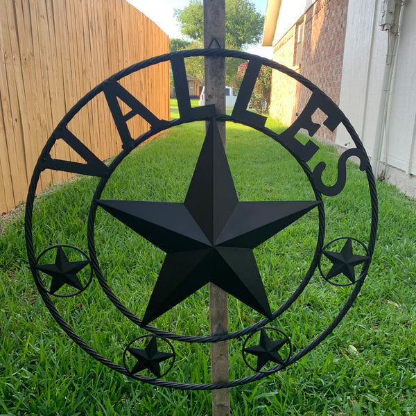 VALLES STYLE YOUR CUSTOM NAME STAR BLACK METAL BARN STAR 3d TWISTED ROPE RING WESTERN HOME DECOR VINTAGE BRONZE RUSTIC NEW HANDMADE 24",32",34",36",40",42",44",46",50"