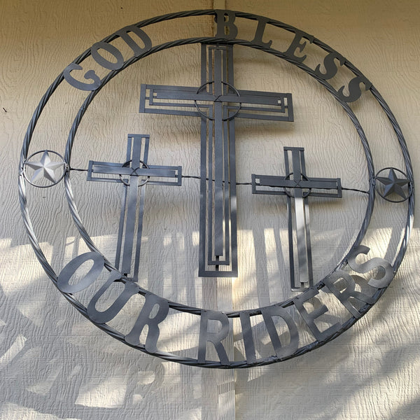 40"GOD BLESS OUR RIDERS CRUCIFIX GREY CROSS METAL WALL ART HANDMADE