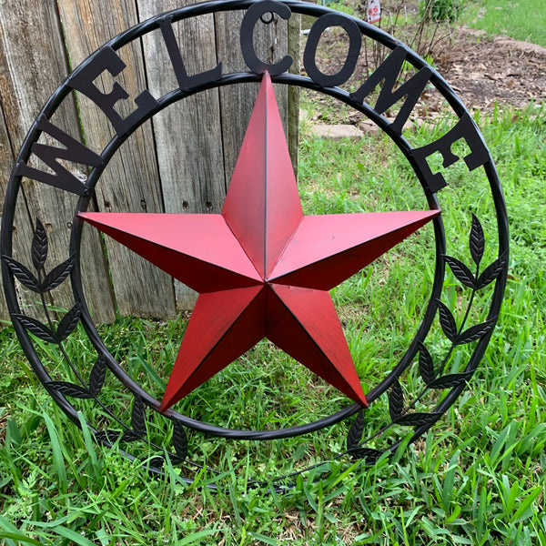 24" WELCOME LEAF LEAVES STAR METAL WALL ART WESTERN HOME DECOR RUSTIC RED HANDMADE