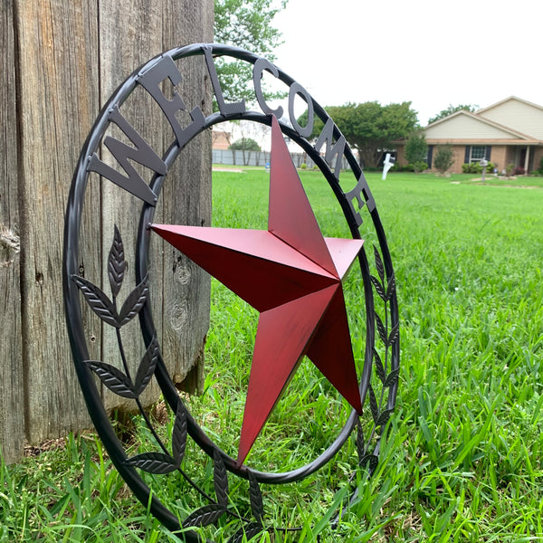 24" WELCOME LEAF LEAVES STAR METAL WALL ART WESTERN HOME DECOR RUSTIC RED HANDMADE