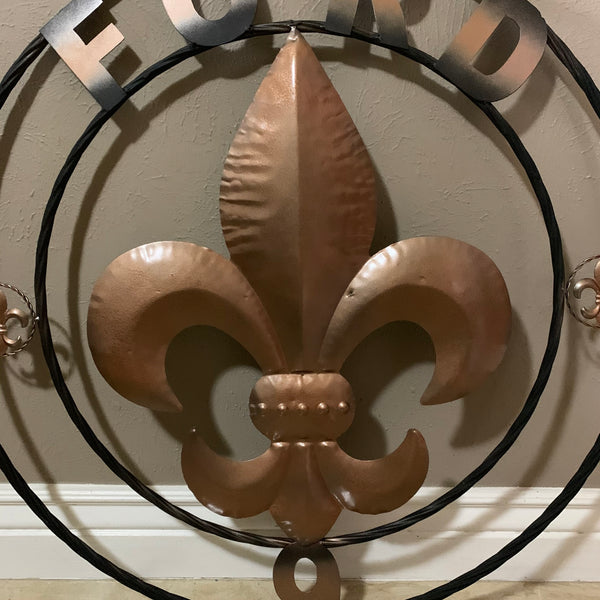 FORD STYLE YOUR CUSTOM NAME FLEUR DE LIS METAL TWISTED ROPE RING SIGN WALL ART WESTERN HOME DECOR HANDMADE 24", 32", 36"