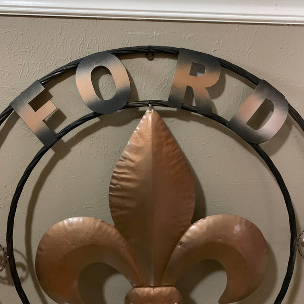 FORD STYLE YOUR CUSTOM NAME FLEUR DE LIS METAL TWISTED ROPE RING SIGN WALL ART WESTERN HOME DECOR HANDMADE 24", 32", 36"