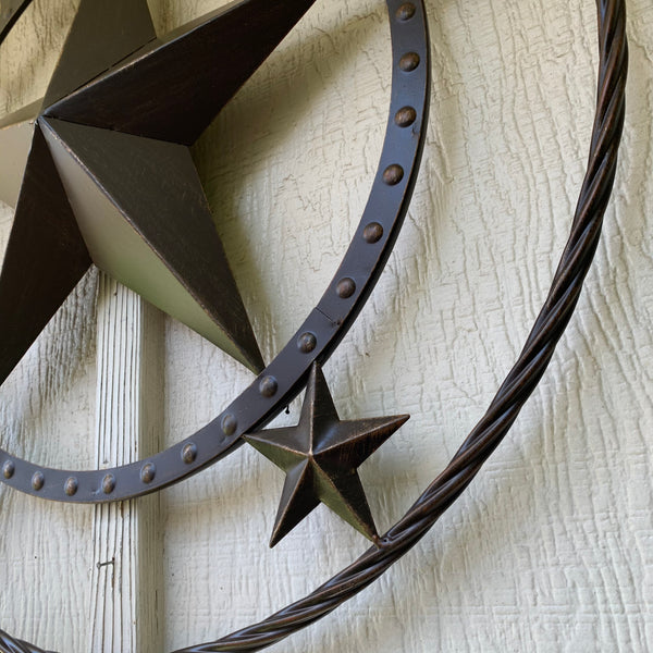 TEXAS BEADED BARN STAR WITH TWISTED ROPE RING DESIGN METAL WALL ART WESTERN HOME DECOR VINTAGE RUSTIC BRONZE ART