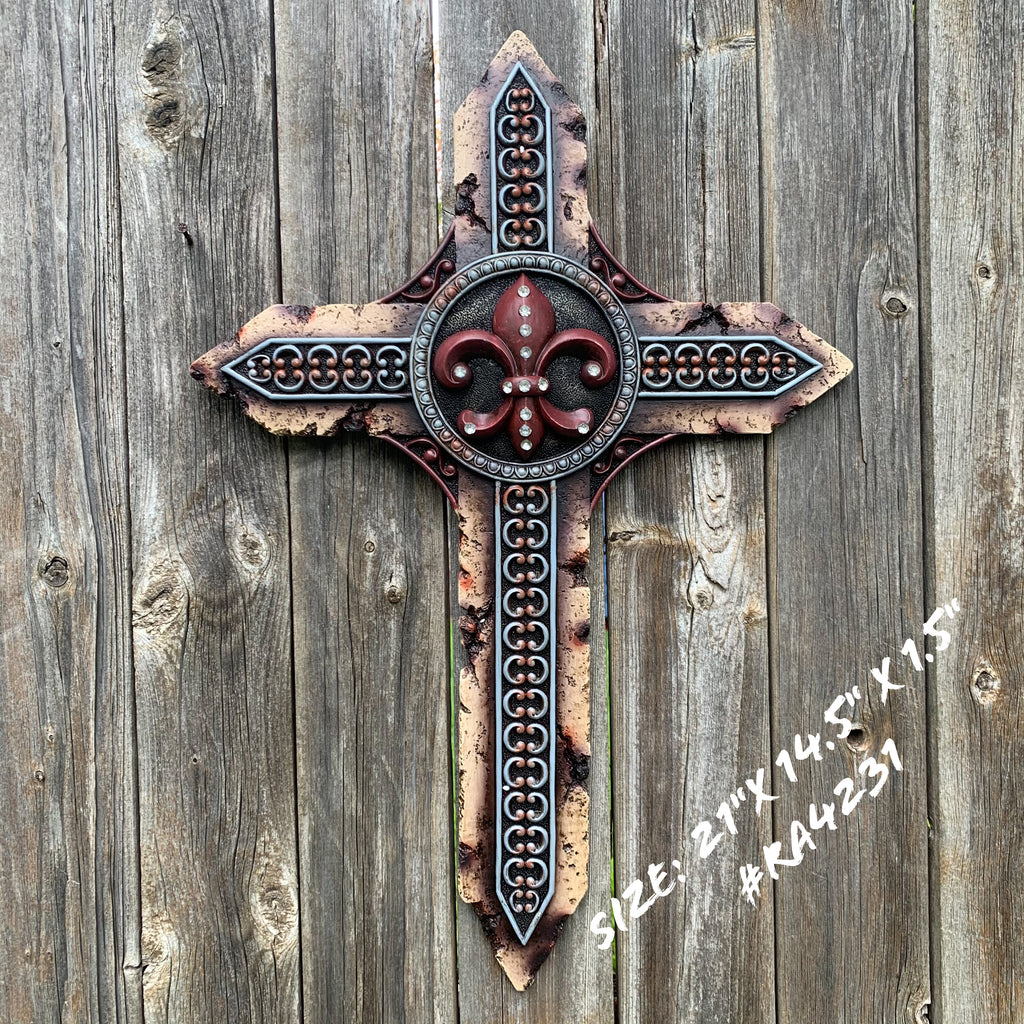 P&G FLEUR DE LIS STONE CROSS WESTERN HOME DECOR NEW ART--FREE SHIPPING