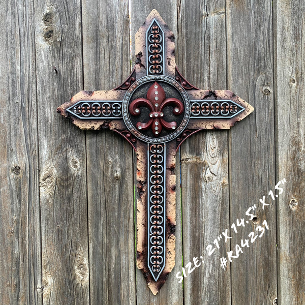 P&G FLEUR DE LIS STONE CROSS WESTERN HOME DECOR NEW ART--FREE SHIPPING