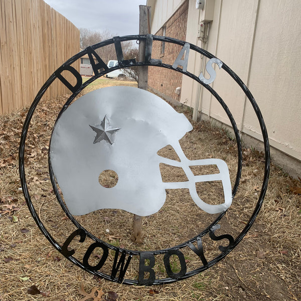 24", 32",36" DALLAS COWBOYS HELMET SIGN SILVER & BLACK CUSTOM METAL VINTAGE CRAFT TEAM SIGN HANDMADE
