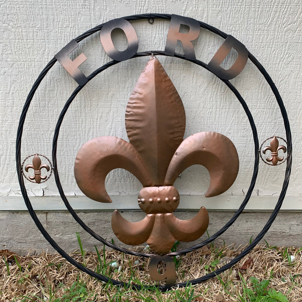 FORD STYLE YOUR CUSTOM NAME FLEUR DE LIS METAL TWISTED ROPE RING SIGN WALL ART WESTERN HOME DECOR HANDMADE 24", 32", 36"